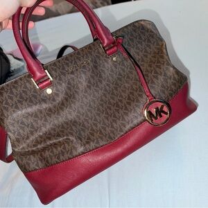 Michael Kors Brown Monogram Satchel with Red Trim
